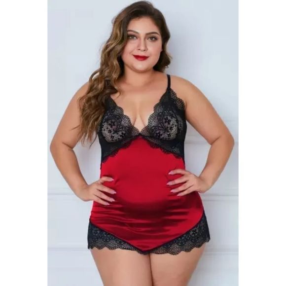 Lingerie Plus Size Sexy Lace Satin Slip With Thong Panty Plus Size Red NEW - Picture 4 of 14